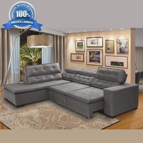 Sofá 5 Lugares Canto 2,80x2,20 m Sttilo Retrátil e Reclinável Chaise D  Pillow e Molas Cinza -Megasul em Promoção na Americanas