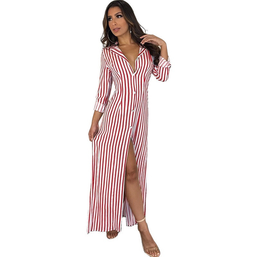 Manga Longa Listrado Maxi Camisa Vestido Mulheres Turn Down Collar Button  Down Oversize Vestido Longo Camisa Side Split Casual Maxi Vestidos nas  americanas