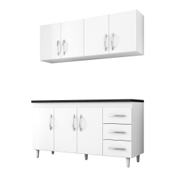 Balcão Isabel 150cm com Tampo mdp Onix 3 Portas e 3 Gavetas mais Armário Aéreo 160cm 4 Portas para Cozinha Branco - ajl Móveis Menor preço em Balcão Isabel 150cm com Tampo mdp Onix 3 Portas e 3 Gavetas mais Armário Aéreo 160cm 4 Portas para Cozinha Branco - ajl Móveis