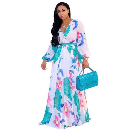 Boho Printed Chiffon Long Dresses Women V Neck Long Sleeve Belted Evening Party Dress Loose Vintage Beach Summer Maxi Dress Em Promocao Ofertas Na Americanas