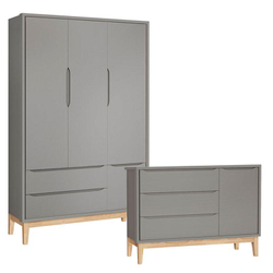 Menor preço em Cômoda com Porta e Guarda Roupa Infantil 3 Portas New Classic Cinza com Pés Madeira Natural – Reller