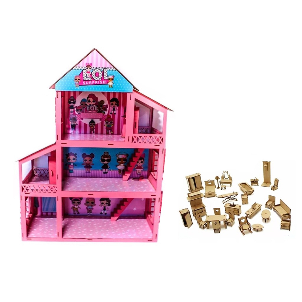 CASA CASINHA POLLY 45Cm em MDF PINTADA ROSA PINK + KIT 20 MINI