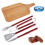 Kit Churrasco 5 Pecas Tabua em Bambu com Garfo Faca Espatula e Pegador