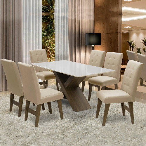 Conjunto de Mesa de Jantar com 6 Cadeiras Estofadas Maia I Veludo Off White  e Creme na Americanas Empresas