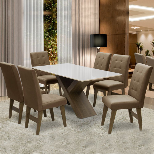 Conjunto Mesa de Jantar Tampo Vidro e MDF 1,60m e 6 Cadeiras Tiê