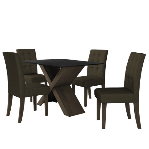 Conjunto Mesa de Jantar Preto Dubai 1,35m mdf com 4 Cadeiras Castanho / Cacau