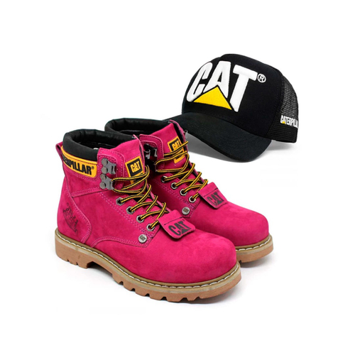 Bota caterpillar couro rosa + boné em Promoção na Americanas