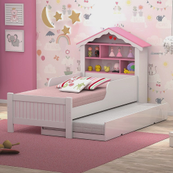 Cama Quarto Solteiro Casa Princesa c/ Estante E Aux. Menor preço em Cama Quarto Solteiro Casa Princesa c/ Estante E Aux.