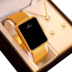 Relógio Champion Feminino Digital Quadrado Dourado CH40080V + Colar e Brincos Menor preço em Relógio Champion Feminino Digital Quadrado Dourado CH40080V + Colar e Brincos