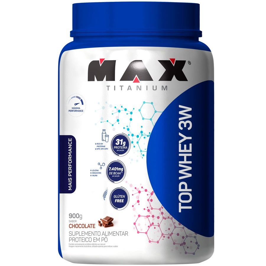 Whey Protein Max Titanium Chocolate 3W Máxima Performance 900g em