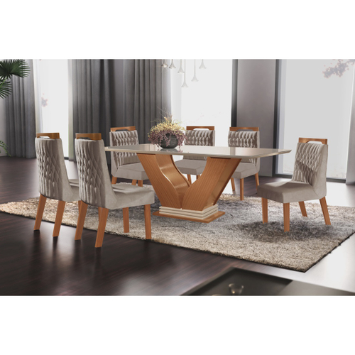 Conjunto de Mesa com 6 Cadeiras Bruna Cinza e Estampa Capitonê