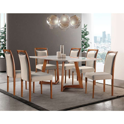 Conjunto de Mesa de Jantar com 6 Cadeiras Lívia Linho Off White e Turim 200  cm