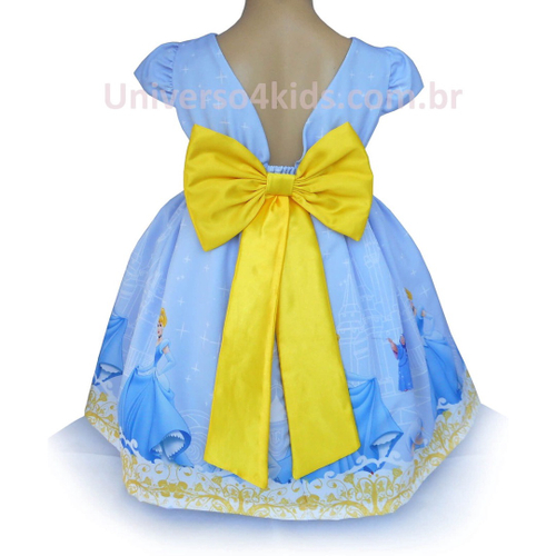 Vestido Festa Infantil Da Cinderela Azul Com Detalhes Amarelo