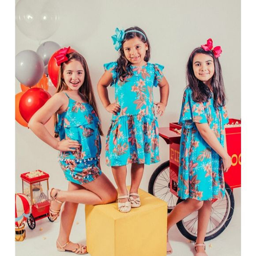 Vestido Para Meninas de 2 a 10 Anos Estampado Azul Em Viscose em