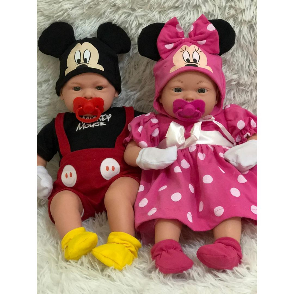 02 Bonecos Bebê Reborn Minnie E Mickey Acessórios