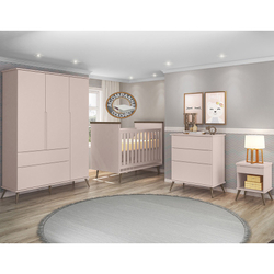 Menor preço em Quarto de Bebê Completo Guarda Roupa + Berço com Colchão + Cômoda + Mesa de Cabeceira Melissa Rosé - Phoenix Baby