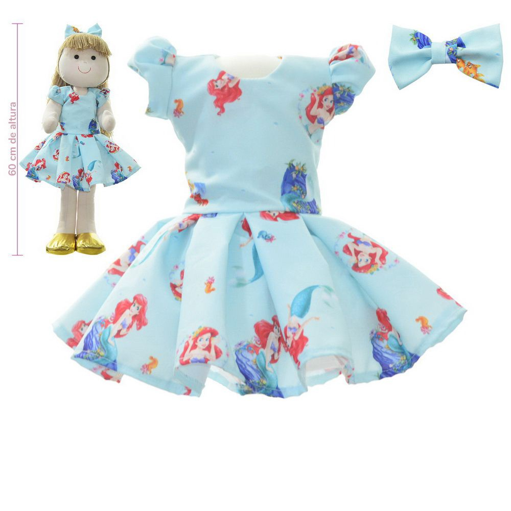 Roupa para Boneca de Pano tema pequena sereia Ariel - Vestido