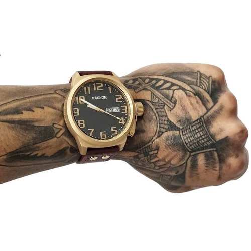 Relógio Magnum Analógico Masculino Dourado Pulseira de Couro