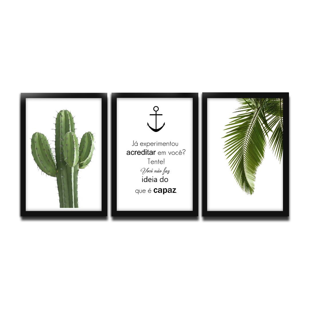 3 Quadros Decoração Cactos Natureza Desenhos Molduras