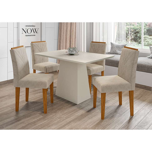 Conjunto de Mesa de Jantar Redonda com Tampo de Vidro Off White Figueira e  4 Cadeiras Gabi Linho Bege e Freijó