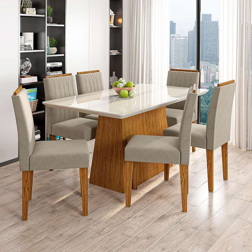 Conjunto de Mesa de Jantar com 6 Cadeiras Estofadas Maia I Veludo Off White  e Creme na Americanas Empresas