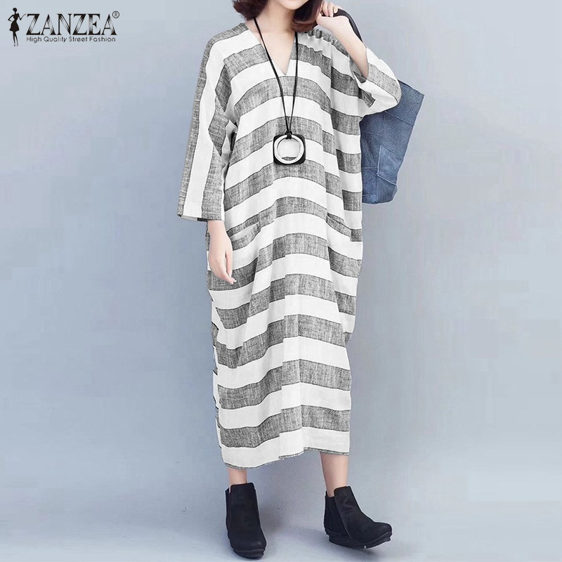 Moda Listrado Midi Dress Mulheres Primavera Vestido De Verao Zanzea 2020 Casual Manga Comprida Vestidos Longos Feminino V Pescoco Robe Plus Size Em Promocao Ofertas Na Americanas
