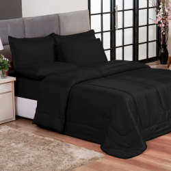 Jogo de Cama Casal 6 peças com Edredom e Lençol Preto Casa Dona Menor preço em Jogo de Cama Casal 6 peças com Edredom e Lençol Preto Casa Dona