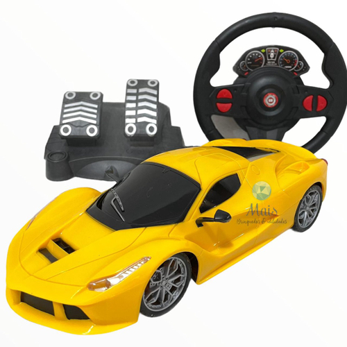 Carro Carrinho Controle Remoto Grande Amarelo Volante Pedal Luz em