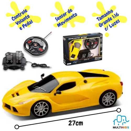 Carro Carrinho Controle Remoto Grande Amarelo Volante Pedal Luz em