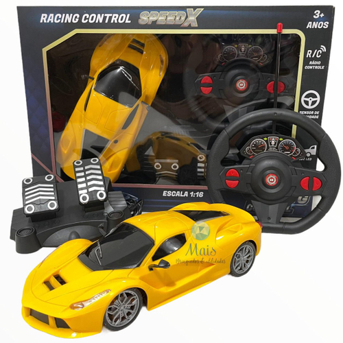 Carro Carrinho Controle Remoto Grande Amarelo Volante Pedal Luz em