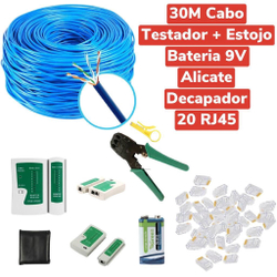 Kit 30m Cabo Rede + 20 Rj45 + Alicate + Testador Cabo + Bateria Menor preço em Kit 30m Cabo Rede + 20 Rj45 + Alicate + Testador Cabo + Bateria