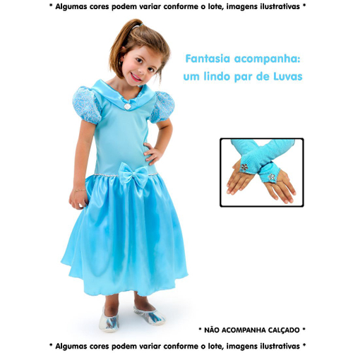 Fantasia Vestido Festa Azul Princesa Cinderela Rodado Longo