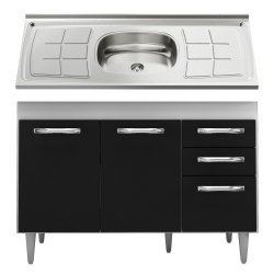 Balcão Gabinete Suécia com Pia Inox 120cm 3 Portas Branco/Preto - Lumil Móveis Menor preço em Balcão Gabinete Suécia com Pia Inox 120cm 3 Portas Branco/Preto - Lumil Móveis