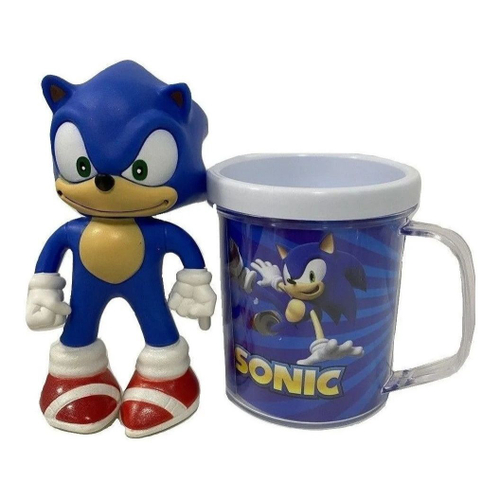 Sonic Azul Amarelo Preto Vermelho Kit 4 Bonecos + Canecas no Shoptime