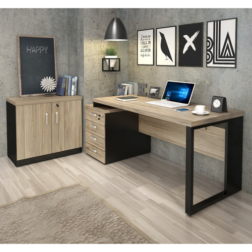 Home Office Kit com Mesa Escritório Web40 1,92 x 0,70 Pé Quadro 4 Gavetas +  Balcão 2 Portas - Calvi / Preto em Promoção na Americanas