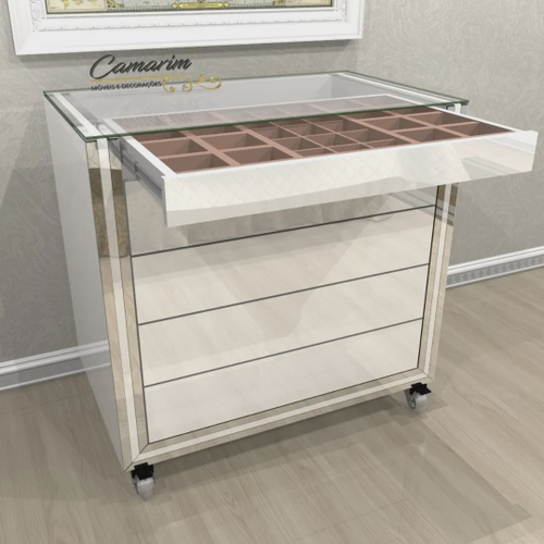 Cômoda ilha p/ closet luxo vidro branco c/ Porta joias em veludo marrom Com16VB-VM