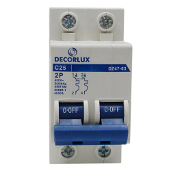 Disjuntor termomagnético padrão din bipolar 25A 415V Curva C Decorlux DJ2253 Menor preço em Disjuntor termomagnético padrão din bipolar 25A 415V Curva C Decorlux DJ2253