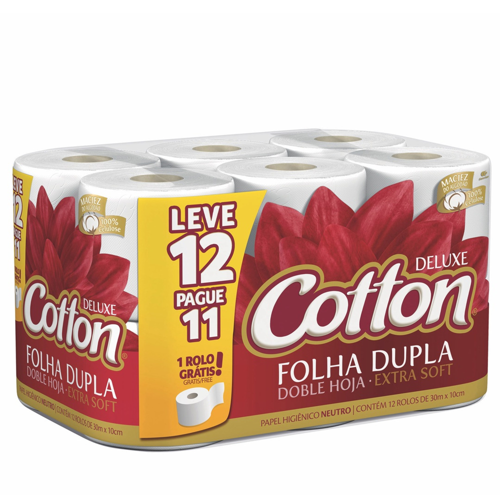 Papel Higiênico Cotton Leve 12 Pague 11 Rolos Folha Dupla Neutro