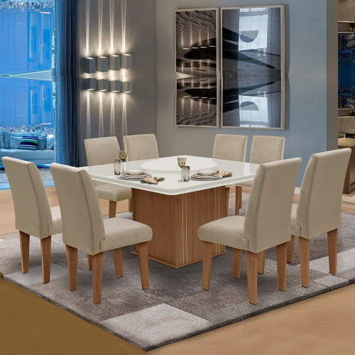 Conjunto De Mesa De Jantar Com 8 Cadeiras Belíssima Suede Liso Off White E  Bege