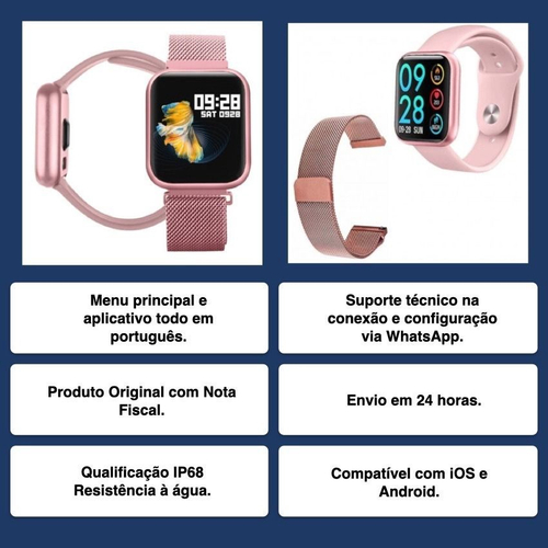 Smartwatch P80 Original sport Pulseira Milanese + Pulseira Extra Aplicativo  DaFit + Nota Fiscal (Rosa)