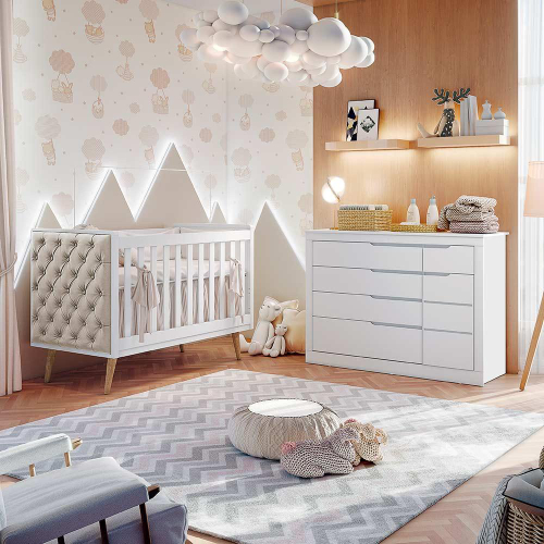 Quarto De Bebê Completo Lara Berço + Guarda Roupa 3 Portas e Cômoda  Fraldário Branco Amadeirado Carolina Baby