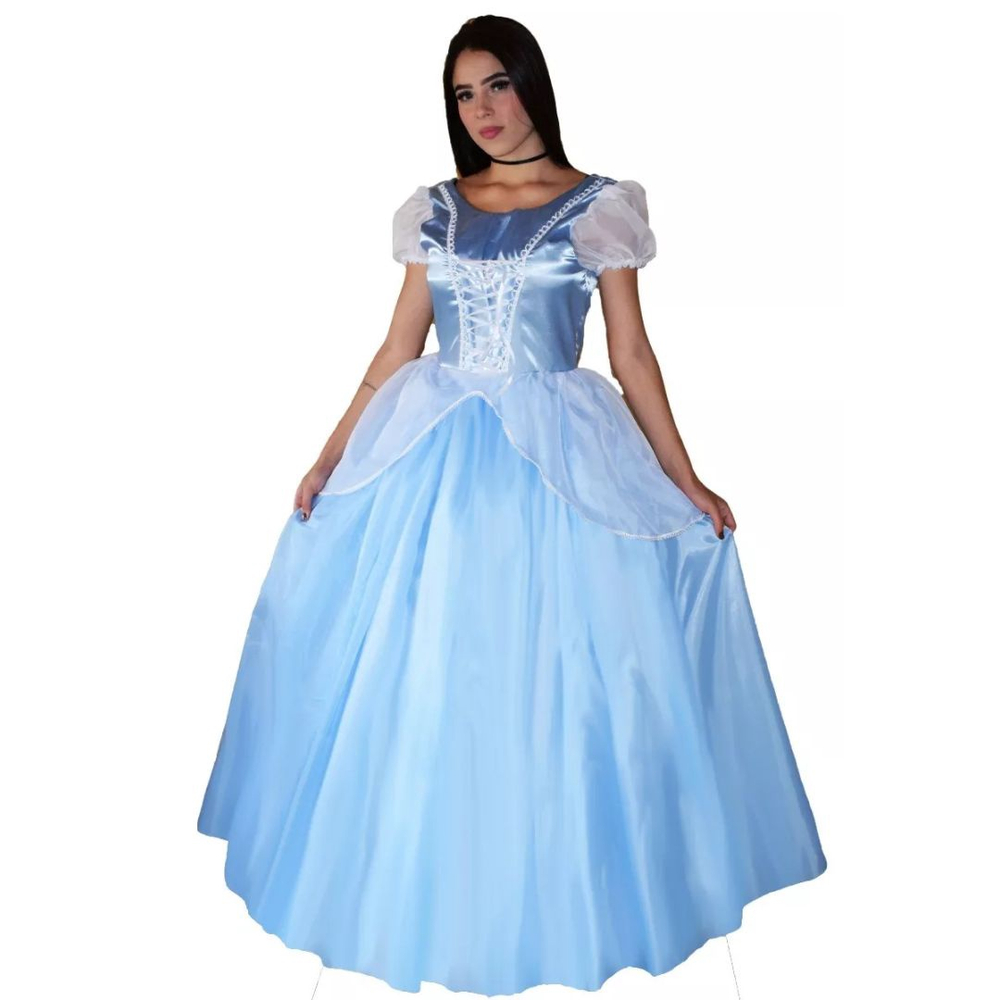 Vestido Cinderela Azul Longo Fantasia Princesa Cinderela