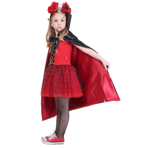 Fantasia Rainha Vampira Infantil Vestido C/ Capa Dupla-face