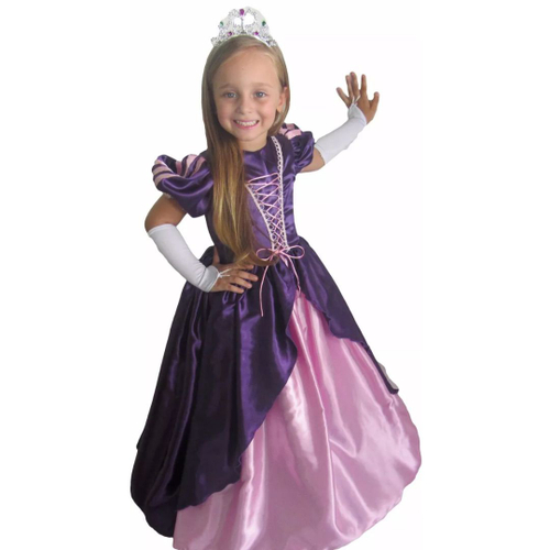 Vestido Fantasia Infantil Luxo Princesas Com Luva E Coroa