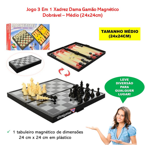 Kit Jogo 3 Em 1 Imantado Xadrez, Damas, Gamão Starflex