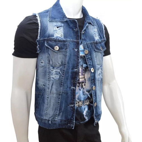 Colete Masculino Jeans Rasgado Destroyed G no Shoptime