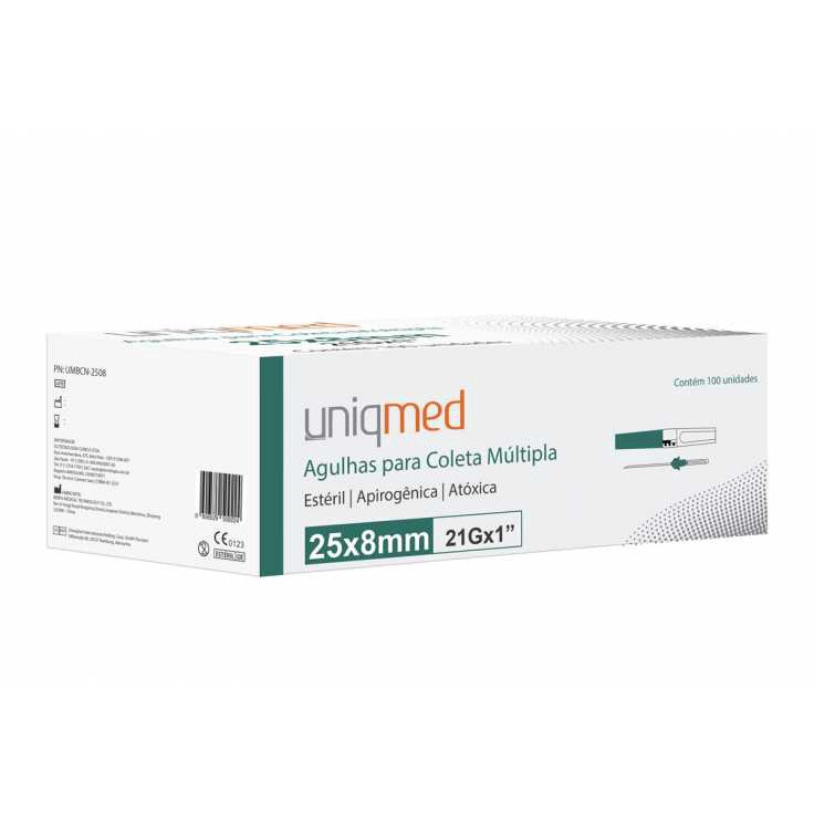 Agulha para coleta múltipla de Sangue a Vácuo 0 8x25mm 21Gx1 c 100 Uniqmed em Promoção Ofertas