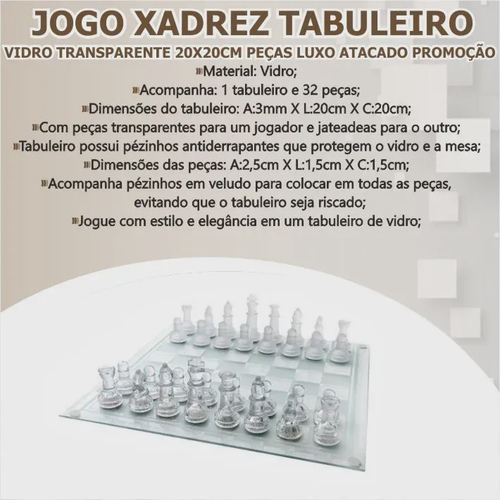 Jogo De Xadrez Com Tabuleiro E Peças De Vidro 20x20cm