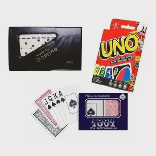 Kit 3 Jogos De Mesa Dominó + Uno + 2 Baralhos Cartas Truco