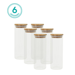 Kit 6 Potes de Vidro Redondo 450ML com Tampa de Bambu - Oikos Menor preço em Kit 6 Potes de Vidro Redondo 450ML com Tampa de Bambu - Oikos